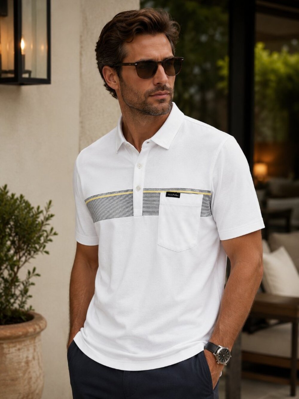EUC Men's Travis Mathew White Striped Golf Polo Shirt Chest Pocket Size XXL 2XL